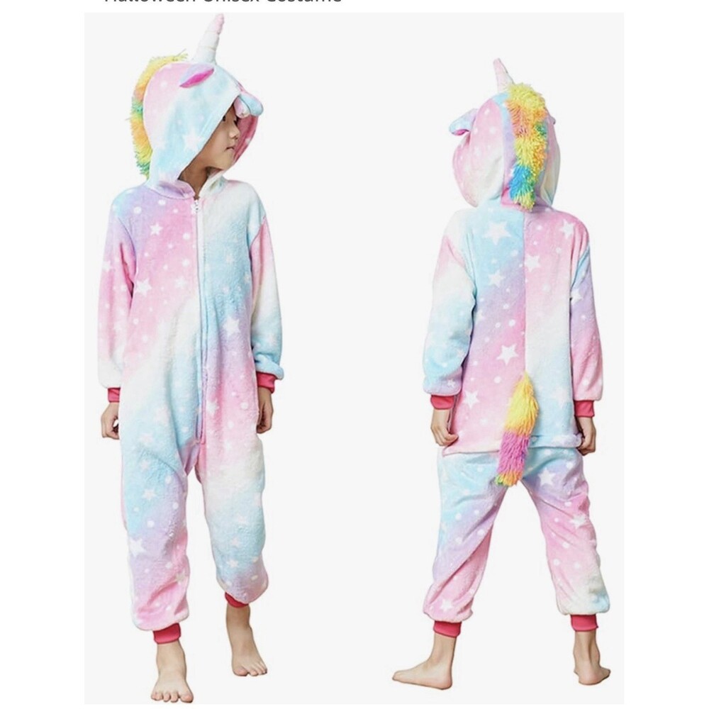 Unicorn Rainbow Faux Fur Fleece One piece Pajamas Hooded Zip Girls Size 6X 120cm
